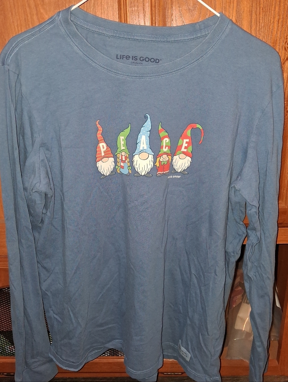 Life Is Good Blue Long-Sleeve Tee with Colorful 'PEACE' Gnome Graphic Large